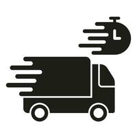 schnell Lieferung Bedienung Silhouette Symbol. ausdrücken Versand Glyphe Piktogramm. Sendung Zeit solide unterzeichnen. Geschwindigkeit LKW mit Uhr Symbol, schnell Transport. isoliert Vektor Illustration.