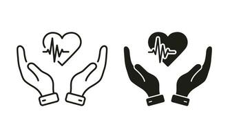 hjärt- behandling, vård, hjälp och diagnos symbol samling. hjärta slå Betygsätta frekvens linje och silhuett ikon uppsättning. hjärtslag med mänsklig hand glyf piktogram. isolerat vektor illustration.