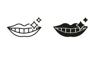 gesund Zähne und funkeln Mund Silhouette und Linie Symbol Satz. glänzend Mensch lächeln. Dental Behandlung, Zahnheilkunde schwarz Symbol Sammlung. Schönheit Lippen und Weiß Zähne. isoliert Vektor Illustration.