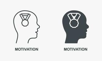 Motivation, Anreiz zu Entwicklung Silhouette und Linie Symbol Satz. Elastizität und Anerkennung Piktogramm. Trainer motiviert Champion Prozess Symbol Sammlung. isoliert Vektor Illustration.