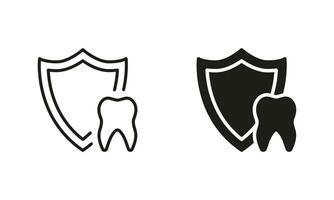 medicinsk oral vård silhuett och linje ikon uppsättning. dental försäkring piktogram. tänder skydd och hygien. tand försvar, dental behandling svart symbol samling. isolerat vektor illustration.