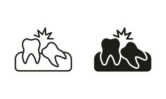 krumm Zähne Silhouette und Linie Symbole Satz. Fehlschluss medizinisch Problem, Oral Pflege Piktogramm. Weisheit Zahn Krankheit Symbol Sammlung. Dental Behandlung, Zahnheilkunde unterzeichnen. isoliert Vektor Illustration.