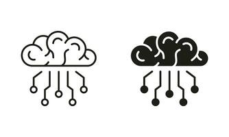 digital teknologi begrepp, mänsklig hjärna med krets silhuett och linje ikoner uppsättning. tech vetenskap svart symbol samling. artificiell intelligens piktogram. isolerat vektor illustration.