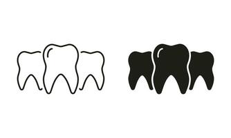 gesund Zähne Silhouette und Linie Symbole Satz. Dental Behandlung, Mund Gesundheit Piktogramm. Oral Medizin, Zahnheilkunde schwarz Symbol Sammlung. kieferorthopädisch Gesundheitspflege. isoliert Vektor Illustration.