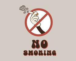 Nein Rauchen unterzeichnen. groovig Hand mit Zigarette. Vektor Illustration mit Objekte im Karikatur retro Stil 60er Jahre 70er. Poster zum Nein Rauchen Tag und Nein Tabak Tag