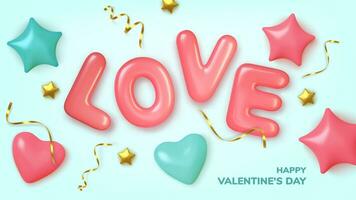 valentines dag hälsning kort. realistisk 3d rosa hjärtan i glitter och ballonger text . kärlek och bröllop. mall för Produkter, webb banderoller och flygblad. vektor illustration