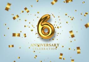 6:e årsdag firande. siffra i de form av gyllene ballonger. realistisk 3d guld tal och gnistrande konfetti, serpentin. horisontell mall för födelsedag eller bröllop händelse. vektor