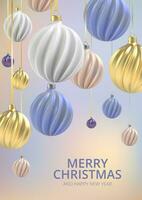Weihnachten Hintergrund mit Weihnachten Bälle von Perlmutt Rosa, Gold und Blau, ein Spiral- Bälle auf ein Farbe Vertikale Hintergrund. Vektor. vektor
