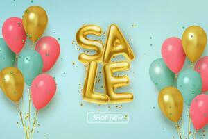 Rabatt Beförderung Verkauf gemacht von realistisch 3d Gold Bälle mit Rosa und Gold Luftballons. Vektor