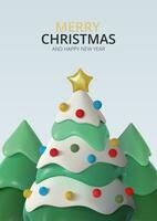 realistisk modern snö täckt jul träd med dekorationer och en stjärna. affisch, vykort för evenemang fira ny år och jul. vektor illustration