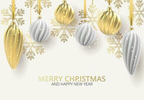 jul bakgrund med jul träd leksaker av vit och guld, en spiral bollar och snöflingor på vit horisontell bakgrund, med de inskrift jul. vektor illustration.