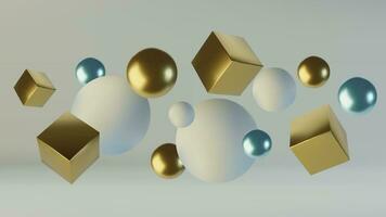 realistisch Kugeln und Würfel. abstrakt Hintergrund von Primitive geometrisch Zahlen. Design Element von 3d golden und Blau Ball und Kasten. Vektor Illustration