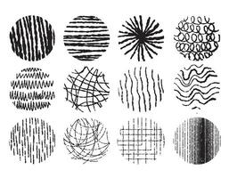 uppsättning av textur klotter rader i de form av cirklar. samling av dekorativ barns mönster. borsta teckning abstrakt former i barns stil. vektor