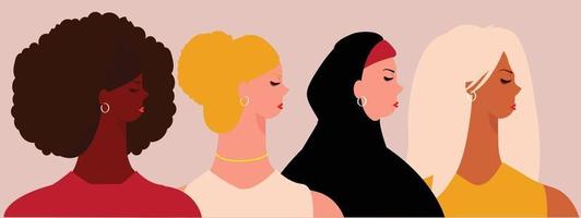 Gruppe von Frauen aus verschiedenen Ländern. Stärkung der Frauenrechte. vektor