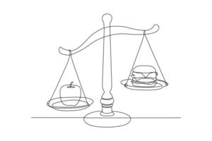 kontinuierlich einer Linie Zeichnung gesund vs. ungesund Lebensmittel. Essen Ernährung Konzept. Gekritzel Vektor Illustration.