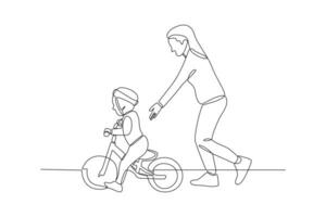 kontinuierlich einer Linie Zeichnung glücklich Eltern mit ihr Kind Reiten Fahrrad zusammen. Vektor Illustration.