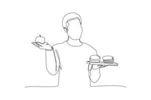 kontinuierlich einer Linie Zeichnung gesund vs. ungesund Lebensmittel. Essen Ernährung Konzept. Gekritzel Vektor Illustration.