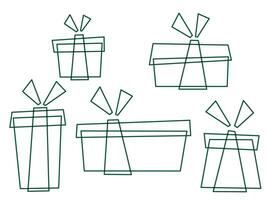 webdoodle Stil Geschenk Kisten, Umriss, Geschenke isoliert auf Weiß. bunt Verpackung. Verkauf, Einkaufen Konzept zum Design Sammlung zum Geburtstag, Weihnachten. zum Gekritzel Vektor Design, Gliederung