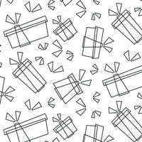 Geschenk Kisten Muster im Gekritzel Stil, Umriss, Geschenke isoliert auf Weiß. bunt Verpackung. Verkauf, Einkaufen Konzept zum Design Sammlung zum Geburtstag, Weihnachten. zum Gekritzel Vektor Design, Gliederung