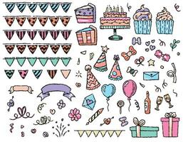 einstellen von festlich Geburtstag Elemente, Kuchen, Cupcakes, Bälle, Feuerwerk, Geschenke, Flaggen, Süßigkeiten. Vektor Grafik zum Geburtstag, zum Karte Design, Papier Design, drucken. Linie Stil