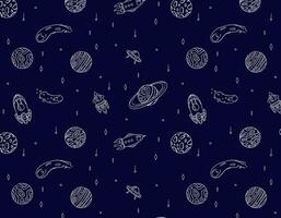 Muster von Planeten und Raketen in Raum auf ein Blau Hintergrund, Gekritzel Stil, Raum Abenteuer, Kinder- drucken. Vektor Grafik zum Verpackung und testen Design