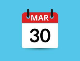 Mars 30. platt ikon kalender isolerat på blå bakgrund. datum och månad vektor illustration
