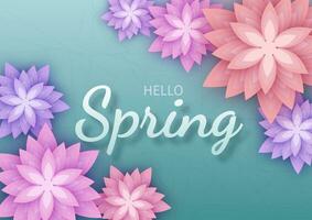 Hallo Frühling, Blumen- Gruß Karte, Papier Blumen. Banner mit realistisch Papier Blumen. Vektor Illustration