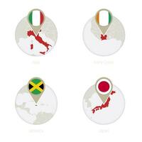 Italien, Elfenbein Küste, Jamaika, Japan Karte und Flagge im Kreis. vektor