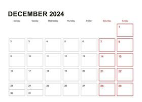Mauer Planer zum Dezember 2024 im Englisch Sprache, Woche beginnt im Montag. vektor