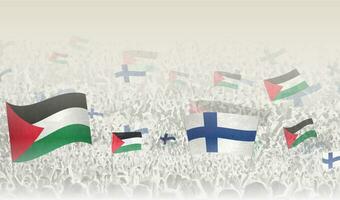 palestina och finland flaggor i en folkmassan av glädjande människor. vektor
