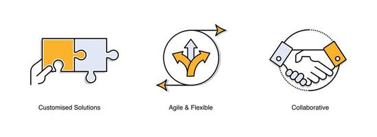ermächtigen Ihre Geschäft mit agil und flexibel, angepasst Lösungen, und Kollaborativ Symbole. Vektor Symbole mit editierbar Schlaganfall.