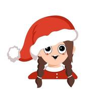 Mädchen mit großen Augen und breitem, glücklichem Lächeln in roter Weihnachtsmütze vektor