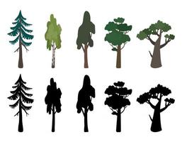 uppsättning ikoner av träd björk, ek, gran och deras siluett vektor