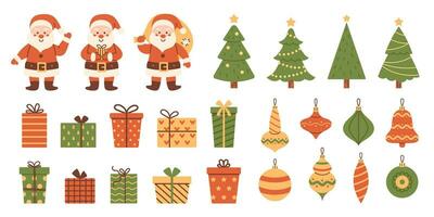 Vektor groß Weihnachten einstellen mit Santa claus Figuren, Geschenk Kisten, Weihnachten Baum und Kugeln. Neu Jahr süß Sammlung von Design Elemente.