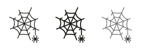 Spinnennetz Linie und Silhouette Symbol Satz. gespenstisch Spinne Netz, Halloween Dekoration Piktogramm. Angst Spinnennetz Falle mit Spinne auf Faden Symbol Sammlung. isoliert Vektor Illustration.