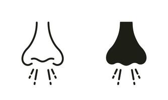 Rhinitis Symptom Piktogramm. flüssig Nase weht Linie und Silhouette Symbol Satz. kalt, Grippe, Virus Symbol Sammlung. Allergie Infektion, allergisch Atemwege Krankheit unterzeichnen. isoliert Vektor Illustration.