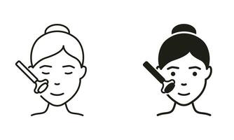 Haut Pflege Verfahren, Walze zum Gesichts- Massage Linie und Silhouette Symbol Satz. Jade Walze zum Gesichts- Entspannung Piktogramm. entspannen zum weiblich Haut Gesicht Symbol Sammlung. isoliert Vektor Illustration.