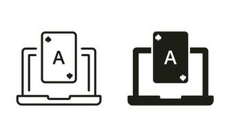 online Glücksspiel Linie und Silhouette schwarz Symbol Satz. Internet Poker Verein auf Computer. zocken spielen, Karte Glücklich Erfolg Jackpot. Kasino online im Laptop Symbol Sammlung. isoliert Vektor Illustration.