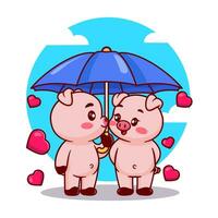 süß Schwein Paar Stehen unter Regenschirm Karikatur Vektor Symbol Illustration Tier Natur Symbol