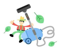 Farmer Mann Landwirtschaft und Vakuum Reiniger sauber Karikatur Gekritzel eben Design Stil Vektor Illustration