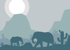 elefant djur- silhuett öken- savann landskap platt design vektor illustration
