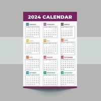 2024 Kalender Vorlage Design. Woche beginnt auf Sonntag Büro Kalender. Desktop Planer im einfach sauber Stil. korporativ oder Geschäft Kalender. Englisch Vektor Kalender Layout.