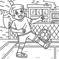 Junge balancieren Fußball Ball mit Fuß Färbung Seite vektor
