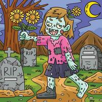 zombie flicka innehav solrosor färgad tecknad serie vektor