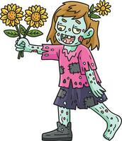 Zombie Mädchen mit Sonnenblume Karikatur farbig Clip Art vektor