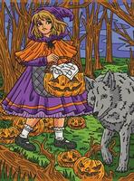 Halloween Kind und ein Wolf farbig Karikatur vektor