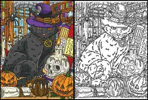 Halloween Katze mit Hut Färbung Seite Illustration vektor