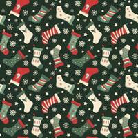 Weihnachten Socken nahtlos Muster auf ein Grün Hintergrund. Vektor Illustration. Design zum festlich Verpackung oder Textil-