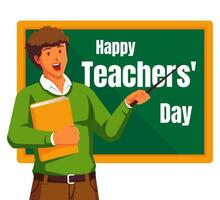 glücklich Lehrer Tag mit männlich Lehrer und Tafel vektor