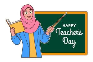 Lycklig lärare dag med muslim kvinna lärare och svarta tavlan vektor